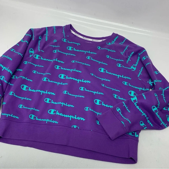 Champion Y2K Purple Spell Out Sweatshirt Woman  XL Long Sleeve Crew Neck Rib Hem - Picture 7 of 10